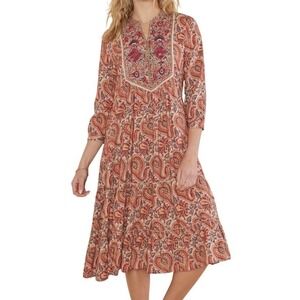 RAGA Naya Midi Maxi Dress Boho Embroidered Bib Paisley Tiered Medium NWT $298